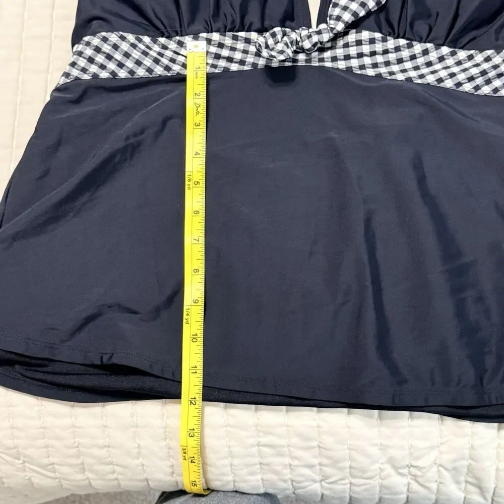 Black Halter Tankini Swimsuit Top With Gingham Patterned Tie Detail